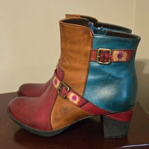 L'ARTISTE Spring Step Oxblood Red Teal Blue Gold Leather Ankle Boots Size 38